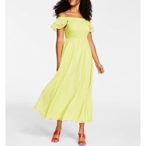 Women's XXS NWT Neon Citron Lime Off the Shoulder Smocked Maxi Peasant Dress